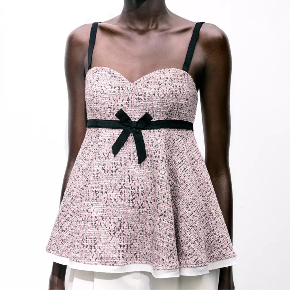 Zara Combination Structure Top Pink Black Tweed with Bow Ref 3644/172/620 NWT - Picture 1 of 13
